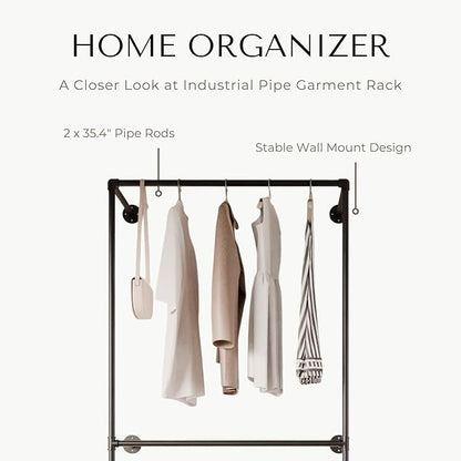 Black Industrial Pipe Clothing Rack 37.4" W Wall Mounted, Heavy Duty Iron Garment Rack 150 lbs per Rod, Open Closet Organizer for Bedroom Laundry Room Retail Display