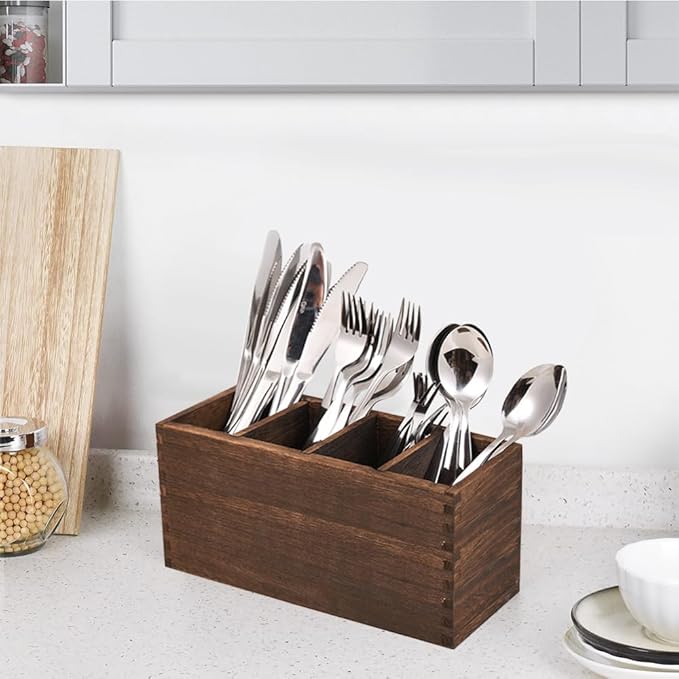 WuGeShop Heightened Wooden Silverware Holder, 4 Compartments Flatware Utensil Caddy, Great Flatware Caddy- Ideal for Kitchen, Dining, Home Party, Buffet, and More