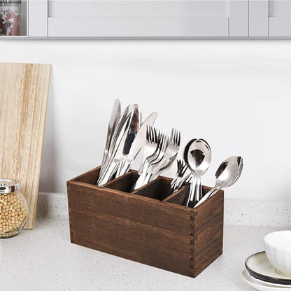 WuGeShop Heightened Wooden Silverware Holder, 4 Compartments Flatware Utensil Caddy, Great Flatware Caddy- Ideal for Kitchen, Dining, Home Party, Buffet, and More