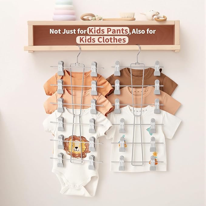 DOIOWN 6-Tier Baby Hangers with Clips - Space Saving Kids Pants Hangers for Babies & Kids Pant,Clothe,Adjustable Toddler Clothes Hanger for Newborn Children Closet Organization Gray 2Pack