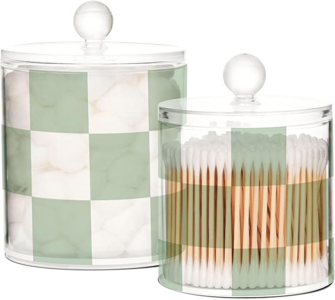 2 Pack Qtip Dispenser Apothecary Jars with Lids Cotton Round Holder Bathroom Canisters for Cotton Swab Floss Ball Pads Clear Plastic Decorative Checkered Green and White
