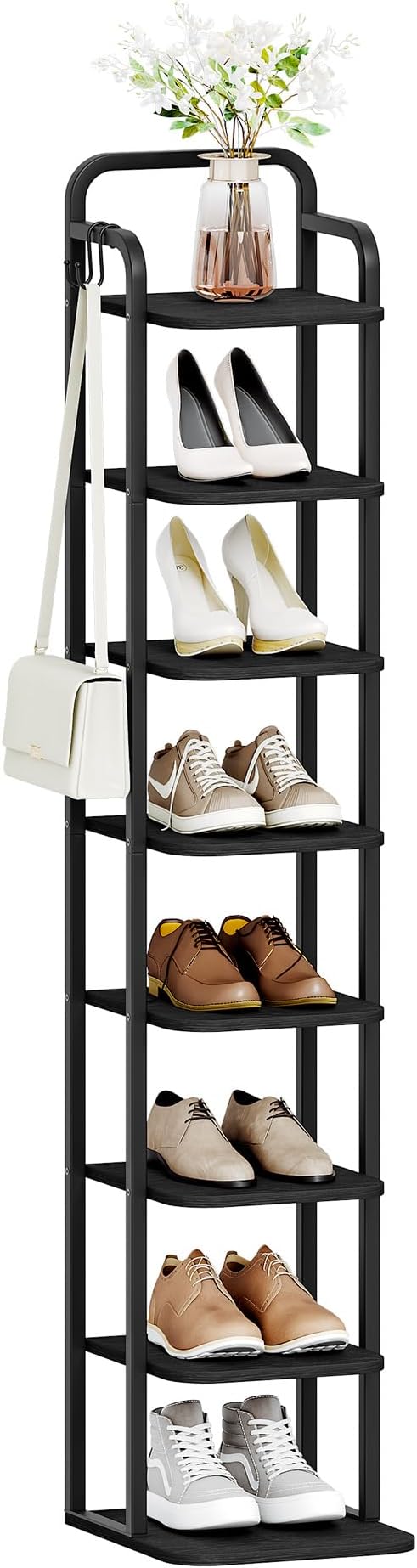 Hzuaneri 8 Tiers Vertical Shoe Rack, Narrow Shoe Tower, Tall Shoes Shelf with 2 Hooks, Adjustable Shelves, Corner Shoes Shelves for Small Spaces, Entryway, Living Room, Black SR04304B