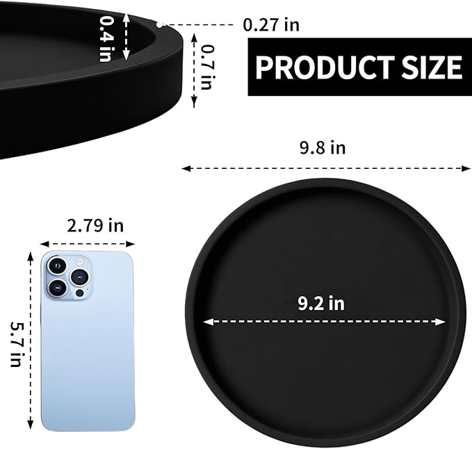 Silicone Bathroom Tray, 9" Round Black Vanity Organizer – Decorative Countertop Tray for Soap, Candle, Perfume, Kitchen & Coffee Table