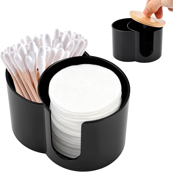 Dual-Compartment Cotton Swab & Pad Organizer with Removable Dustproof Lid, Bathroom Accessories Storage Organizer for Swabs, Cotton-Pads(COLOR:black)