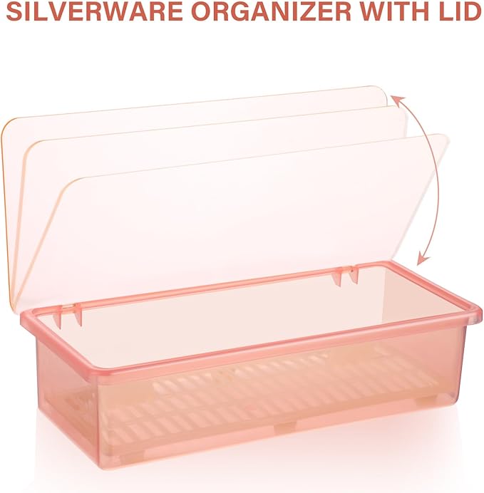ABOOFAN Silverware Organizer with Lid and Drain Board 2-Pack Clear Plastic Flatware Trays for Kitchen Countertop and Drawer Storage Utensil Container for Forks Spoons Knives 10.62X4.72X2.75 Inches