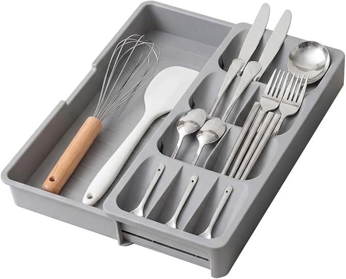 Expandable Silverware Drawer Organizer Tray, Adjustable Utensil Holder for Kitchen Drawers, BPA-Free Plastic Cutlery and Flatware Storage Divider