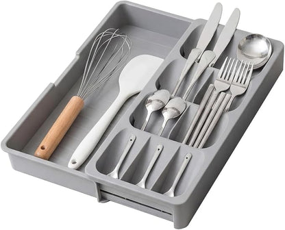 Expandable Silverware Drawer Organizer Tray, Adjustable Utensil Holder for Kitchen Drawers, BPA-Free Plastic Cutlery and Flatware Storage Divider