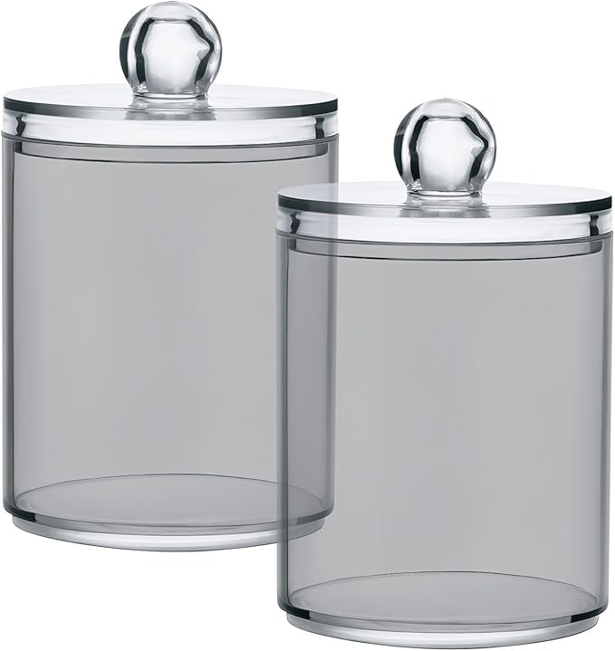 Grey Qtip Dispenser Apothecary Jars Bathroom Qtip Holder Storage Canister 10 Oz Plastic Jar for Cotton Ball Swab Round Pads Floss 2pcs