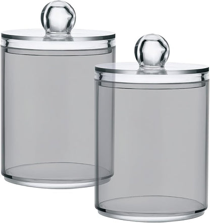Grey Qtip Dispenser Apothecary Jars Bathroom Qtip Holder Storage Canister 10 Oz Plastic Jar for Cotton Ball Swab Round Pads Floss 2pcs