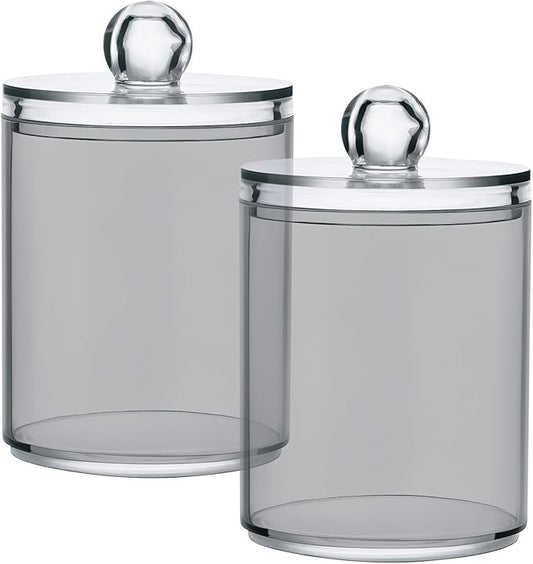 Grey Qtip Dispenser Apothecary Jars Bathroom Qtip Holder Storage Canister 10 Oz Plastic Jar for Cotton Ball Swab Round Pads Floss 2pcs