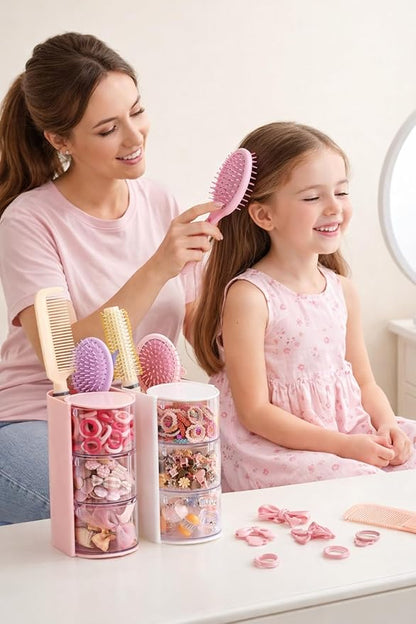 UFORU Hair Accessories Organizer with Hair Brush Holder, 3 Drawer Rotatable Hair Tie Organizer for Makeup Brushes, Hair Clips, Earrings, Necklaces, Bracelets and Hair Accessories, Pink, 3-Layer