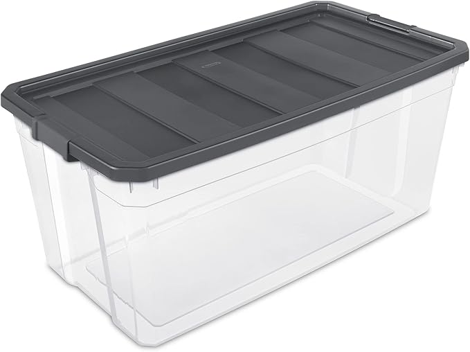 Sterilite 200 Quart Clear Plastic Modular Stacker Storage Bin Tote Container with Latching Lid, Clear Base, and Textured Sure-Grip Surface, Flat Grey