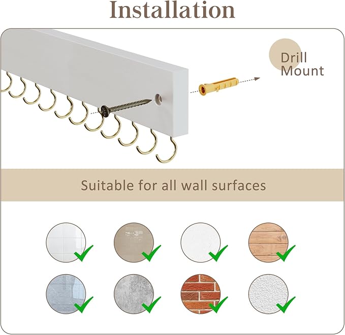 Lolalet Wooden Necklace Holder for Wall with 15 Hooks, Necklaces Hanger Easy Install Wall Mount Necklace Organizer, Jewelry Hangers for Chains, Bracelets, Earrings -Goldwhite