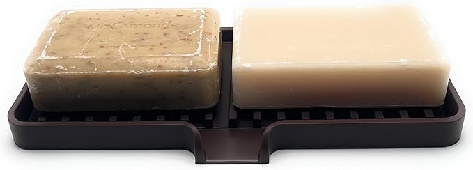 Silicone Soap Dish Tray and Sponge Holder with Drain Chute, Rectangular, Kitchen and Bathroom Sink Organizer (Dark Chocolate, 9"x3.5")