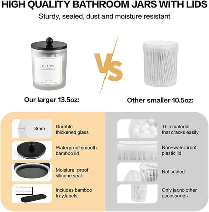 3 Pack Qtip Holder Bathroom Set,Cotton Ball Swab Pad Holder Cotton Round Floss Pick Dispenser with Tray,Glass Apothecary Jars with Lids,Bathroom Organizers and Storage Canisters-Frosted White