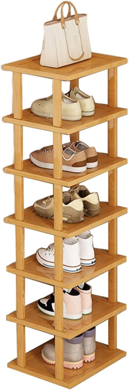 Vertical Shoe Rack, Wood Narrow Shoe Rack, Small Shoe Organizer, Space Saving Corner Shoe Shelf, Tall Shoe Tower, Free Standing Shoe Rack for Entryway, Closet, No-Tool Need 7 Tiers