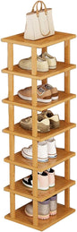 Vertical Shoe Rack, Wood Narrow Shoe Rack, Small Shoe Organizer, Space Saving Corner Shoe Shelf, Tall Shoe Tower, Free Standing Shoe Rack for Entryway, Closet, No-Tool Need 7 Tiers