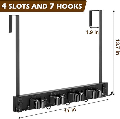 Mop and Broom Holder Over the Door, Wood Broom Hanger, Broom and Mop Organizer with 4 Slots and 7 Hooks, Drilling-Free Mop and Broom Holder for Garage, Laundry Room, Broom Hanger and Storage Tool