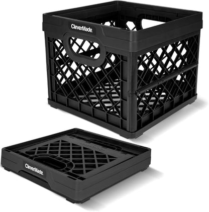 CleverMade Collapsible Milk Crate 25L (6.6 Gal), 50 lb Capacity Heavy Duty Folding Crate – Stackable Storage Crates with File Rails, Plastic Collapsible Crates - Obsidian