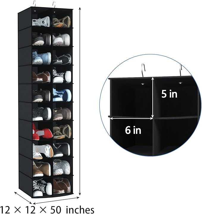 Libeder Hanging Shoe Organizer for Closet, Hanging Closet Organizers 20 Section Shoe Shelves, Space Saving Shoe Holder & Storage, Black, 12''W×12''Dx 50''H