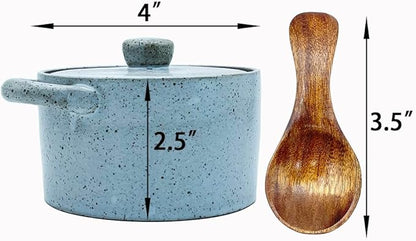 12 oz Ceramic Salt Cellar with Lid & Wooden Spoon,Countertop Salt Container,Sugar Bowl,Spices Jar| Artisan Kitchen Decor(Gray)