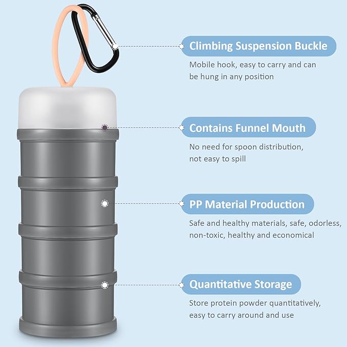 Baderke 2 Pcs Protein Powder Container with Funnels Stand, 4 Stackable Leakproof Protein Powder Dispenser, Portable Keychain Powder Container for Workout, Fitness, Travel(Gray, White)