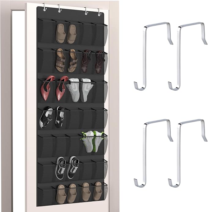 Aisoso Over the Door Shoe Organizer with 35 Large Breathable Mesh Pockets and 4 Metal Hooks Space Saving Hanging Storage Holder for Men's and Women's Shoes, Accessories, Black