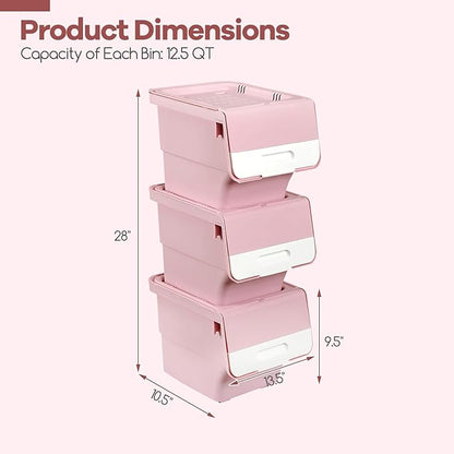 Giantex Plastic Stackable Storage Bins with Lids & Wheels, 6 Pack Open Front Stacking Bins, Organizer Bins for Pantry, Kitchen, Laundry, Closet, Playroom, Bedroom Organization （12.5 QT）