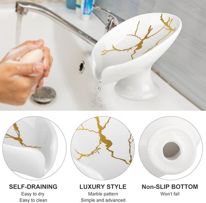 Soap Dish for Shower Ceramic Soap Holder Self Draining Leaf Shape Bar Soap Tray, Marble Pattern White Drain Soap Dish Holder for Bathroom,Easy Cleaning Keep Soap Dry