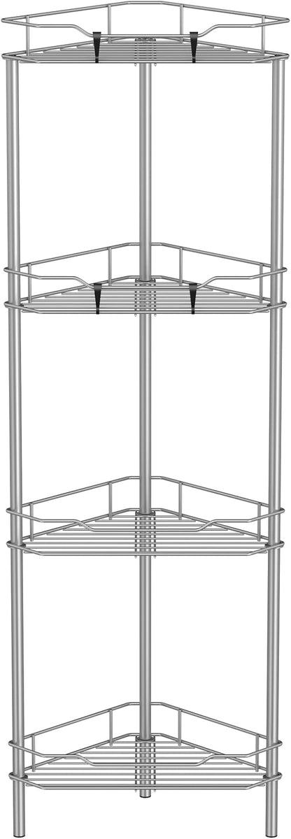 HuggieGems 4 Tier Floor Standing Corner Shower Caddy Organizer Shelf with Hooks, Bathroom Shelves Stand Rack, Gray