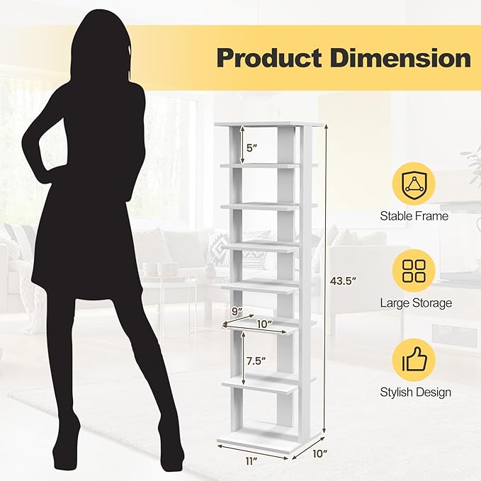 BETTARY 8 Tier Vertical Shoe Rack, Narrow Wooden Corner Shoe Organizer for Small Spaces, Removable Shelves, Anti-toppling Device, Shoe Tower for Entryway, Closet, Bedroom (White, Single Row)