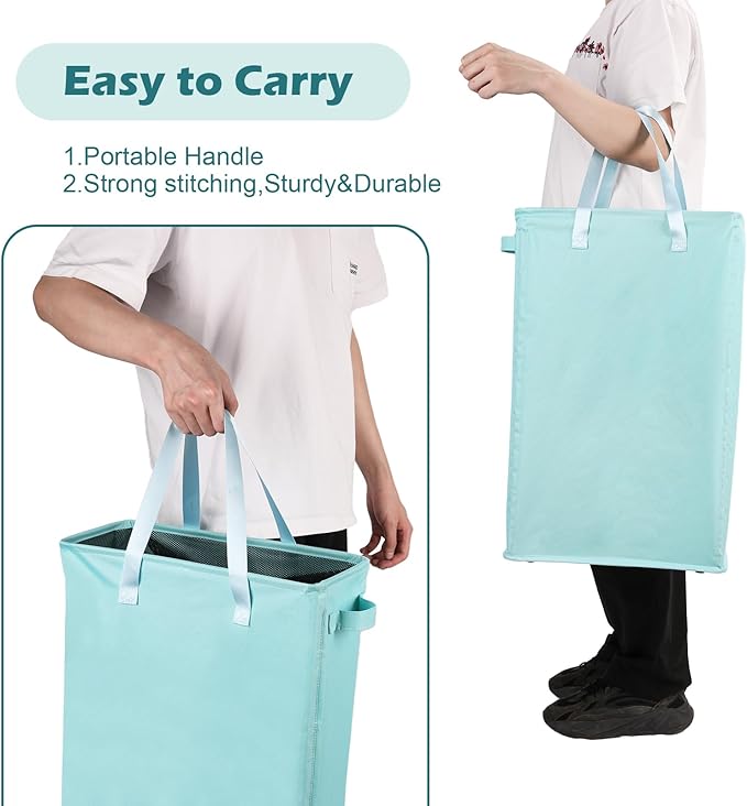 Odonata Slim Laundry Hamper Handles Collapsible Laundry Basket Thin Dirty Clothes Basket Narrow Laundry Bag Foldable Dirty Hamper 45L (Baby Blue)