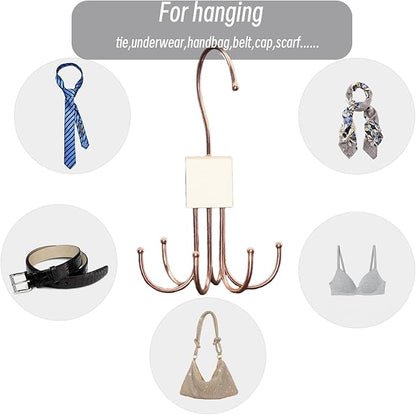 Belt Hanger, 4Pcs Belt Organizer for Closet 360°,Rotatable Max 48 Belt Storage Rack Space Saving Storage Rack for Belt, Bra, Tank Top, Tie, Scarf(2White 2Rose Gold)