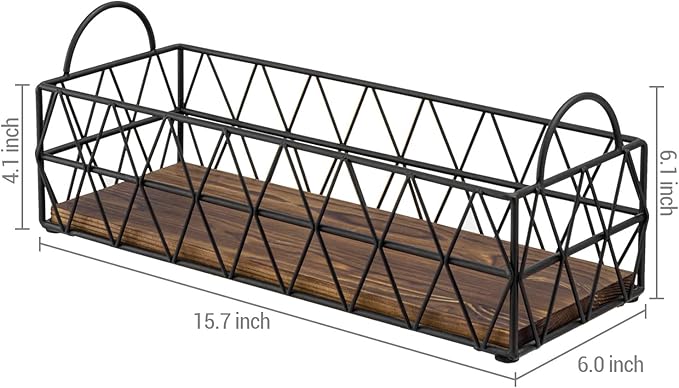 MyGift 16 Inch Deluxe Black Metal Toilet Tank Tray with Geometric Wire Design and Burnt Wood Base, Bathroom Vanity Toiletry Storage Organizer Tray with Handles