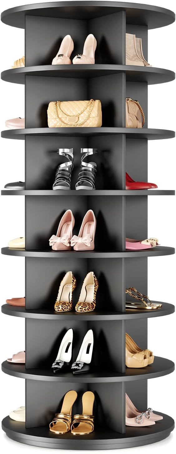 Rotating Shoe Rack 7 Tier Spinning Shoes Organizer Tower for 28-32 Pairs Lazy Susan 360 Revolving Shoe Storage Cabinet Rotate Shoe Handbag Rack Round Carousel for Closet, Bedroom (Black)