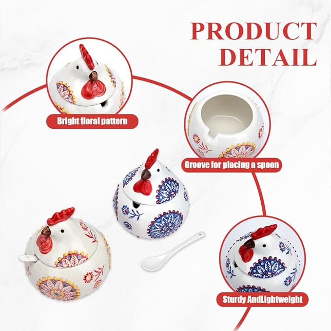 AKAZA 2 Pcs Ceramic Salt Cellar with Lid and Spoon, 13oz Chicken Decor Salt Holder, Airtight Salt Containers For Countertop, Food Storage Canisters for Spices Sugar, Red & Blue (RED+BLUE)