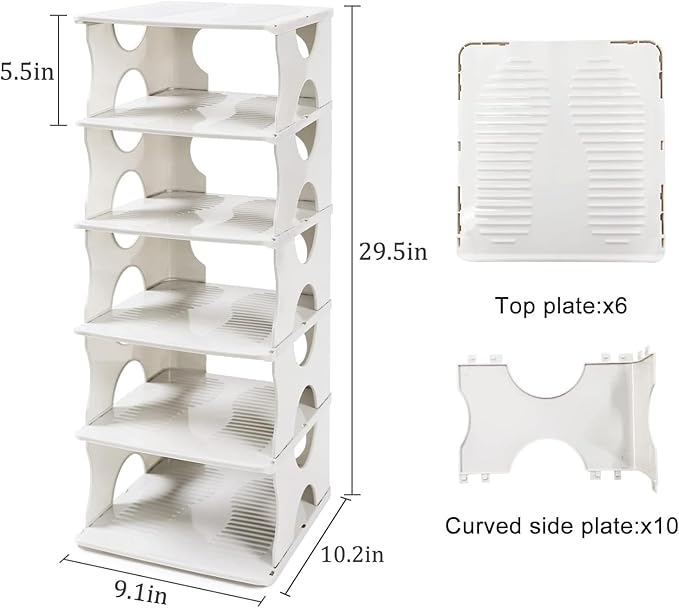6-Tier Shoe Rack,Stackable Shoe Storage Organizer for Bedroom Entryway, Adjustable Shoe Rack,Shoe Slots Organizer Shelf, Easy Clean Shoe Tower Rack,White