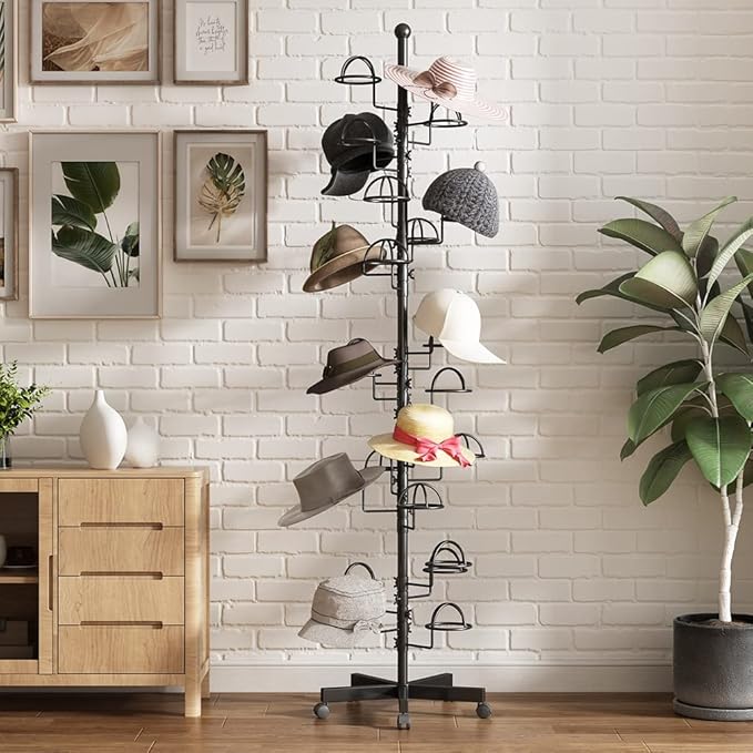 Freestanding Hats Rack Stand with 25 Customizable Circular Hooks Metal Hat Rack Hats Tree Organizer Rack Display Standing Floor Hat Stand for Home Store Commercial, Black