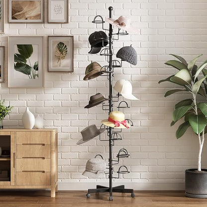 Freestanding Hats Rack Stand with 25 Customizable Circular Hooks Metal Hat Rack Hats Tree Organizer Rack Display Standing Floor Hat Stand for Home Store Commercial, Black