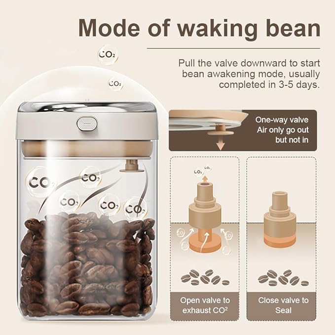 Coffee Bean Storage Container with One-way Valve Airtight Lid Date Tracker for Coffee and More Food Fresh and Storage, Clear Borosilicate Glass Coffee Canister(1.2 Qt - 13.1 OZ)