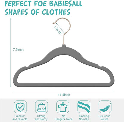 50 Pack Velvet Baby Hangers Non-Slip Clothes Hanger with Swivel Hooks, Space Saving Infant Toddler Closet Organizers, Ultra Thin Durable Child Hangers for Nursery, Kids, Children Wardrobe (Grey)