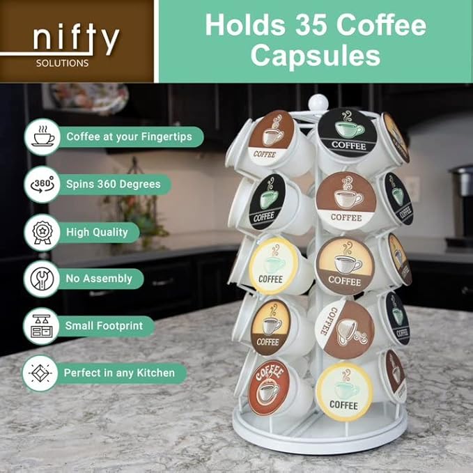 Nifty Solutions Keurig Coffee Pod Holder Carousel 360 Degree Spinning Organizer for K Cups 13 Inch Tall Compact Counter Storage Solution (35 K Cup Holder | White Black)