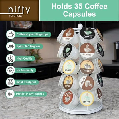 Nifty Solutions Keurig Coffee Pod Holder Carousel 360 Degree Spinning Organizer for K Cups 13 Inch Tall Compact Counter Storage Solution (35 K Cup Holder | White Black)