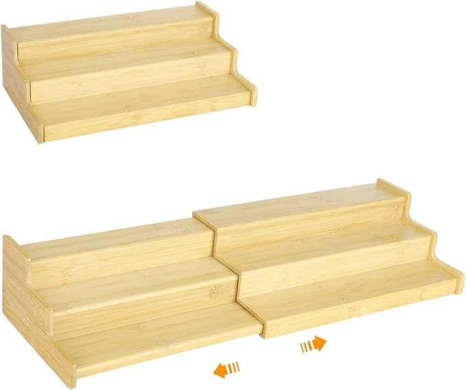 Expandable Bamboo Can Rack Organizer for Pantry, 3-Tier Adjustable Canned Food Storage Holder, Tiered Step Shelf holds up to 24 Cans for Kitchen Cabinet & Countertop