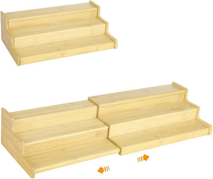Expandable Bamboo Can Rack Organizer for Pantry, 3-Tier Adjustable Canned Food Storage Holder, Tiered Step Shelf holds up to 24 Cans for Kitchen Cabinet & Countertop