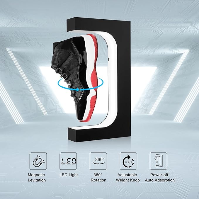UVEHAS Floating Shoe Display Magnetic Levitation Sneaker Stand with LED Light Rotating Levitating Holder Rack for Shoes Collectors Advertising Exhibition Store Show Home Decoration, Black
