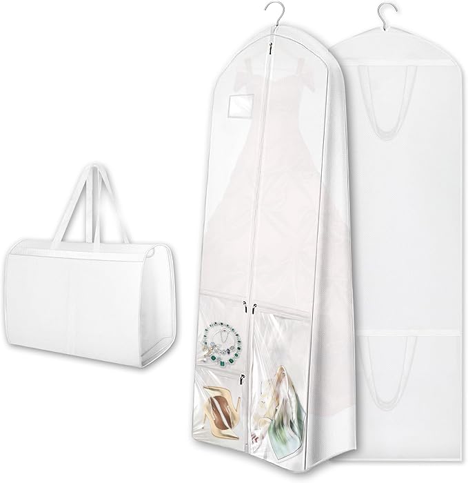 Dress Garment Bags, Long Garment Bags for Travel, 70’’ Wedding Dress Cover with Handle, Foldable Clothing Bag with Pockets and Zippers, White, 180 cm