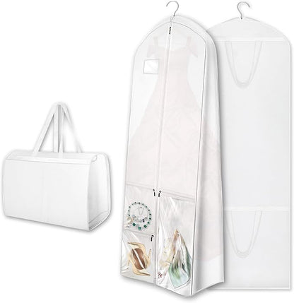 Dress Garment Bags, Long Garment Bags for Travel, 70’’ Wedding Dress Cover with Handle, Foldable Clothing Bag with Pockets and Zippers, White, 180 cm