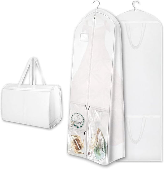 Dress Garment Bags, Long Garment Bags for Travel, 70’’ Wedding Dress Cover with Handle, Foldable Clothing Bag with Pockets and Zippers, White, 180 cm
