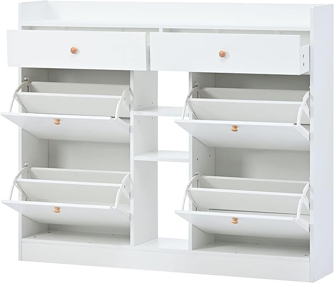 JIVOIT 2-Tier Shoe Storage Organizer, Modern Wooden Shoe Cabinet with 4 Flip Drawers, Multifunctional Free Standing Shoe Rack for Entrance Hallway Small Spaces (White+4 Flip Drawers)